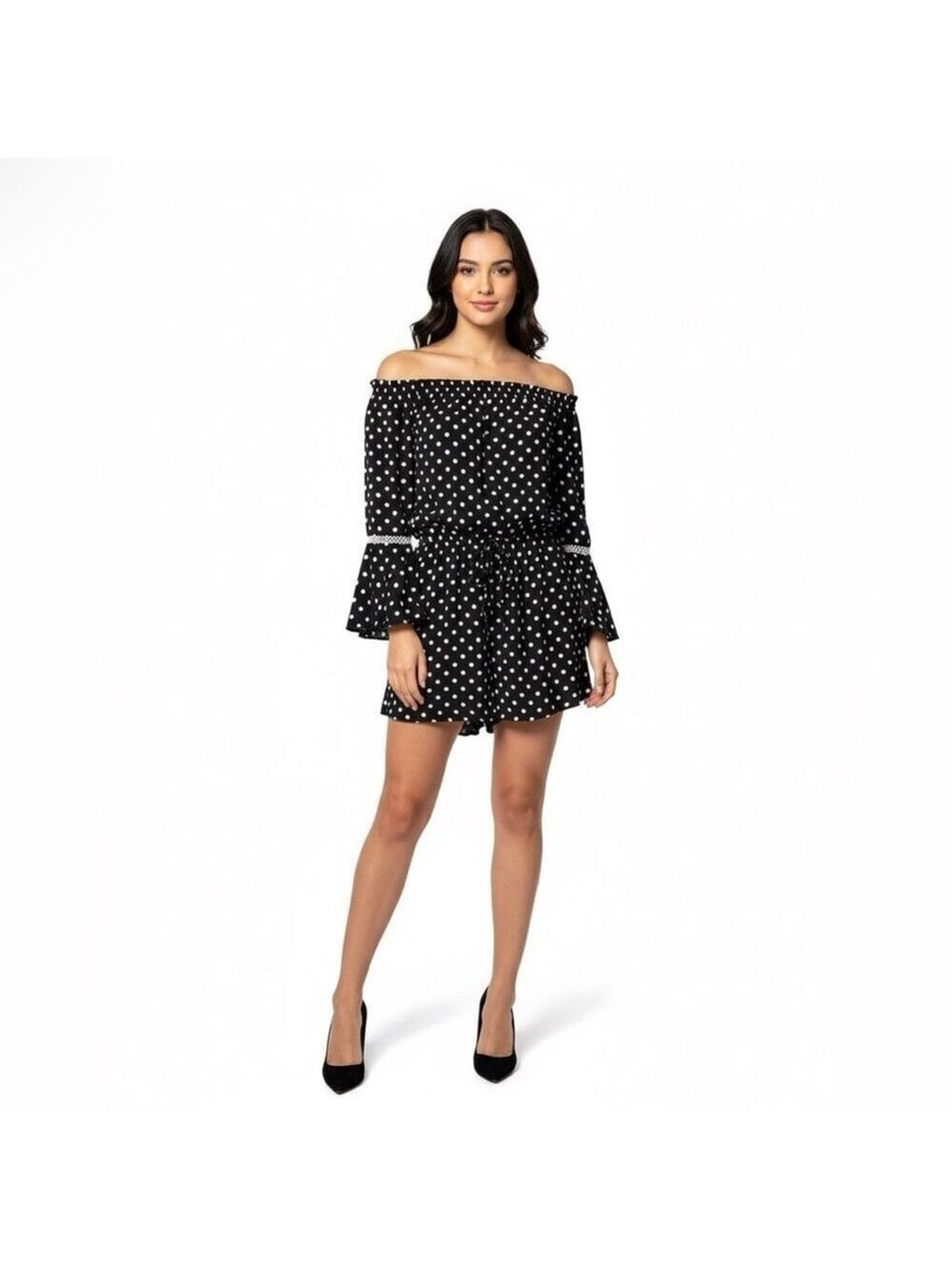 ELENA WANG Easy Care Poly Black / White Polka Dot Romper Bell Sleeves CA Sz L